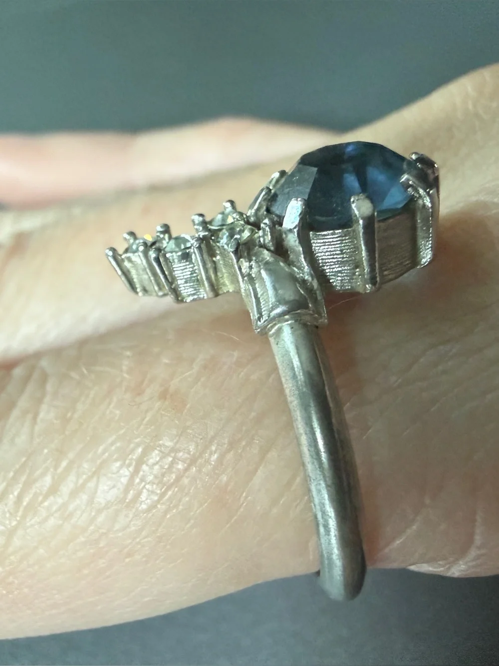 Vintage Blue Rhinestone Adjustable Cocktail Ring Size 8